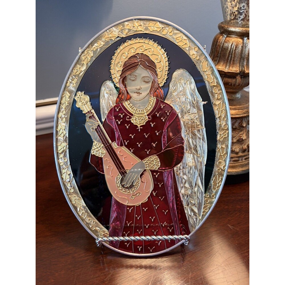 Vintage Joan Baker Design Stained Glass Renaissance Angel Suncatcher Window Art